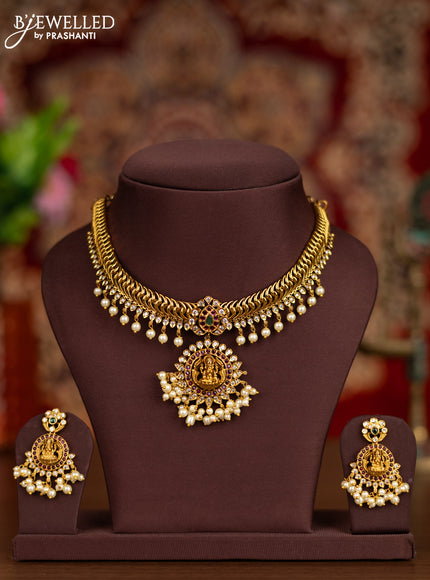 Antique necklace lakshmi pendant with kemp & cz stones and pearl hangings