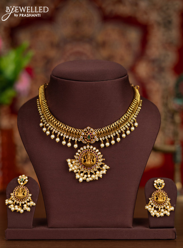 Antique necklace lakshmi pendant with kemp & cz stones and pearl hangings