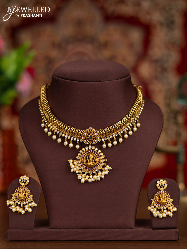 Antique necklace lakshmi pendant with kemp & cz stones and pearl hangings