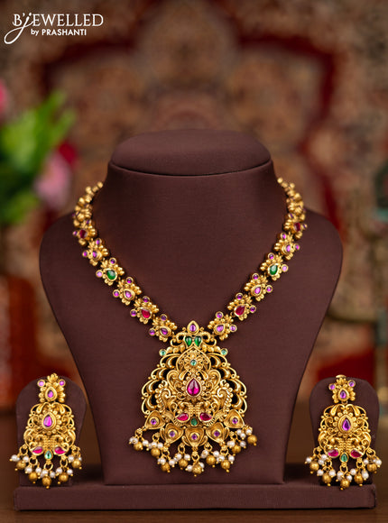 Antique necklace with jadau kemp mixed stones and pearl & golden beads hangings