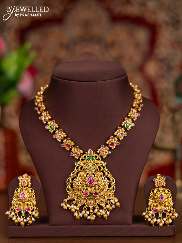 Antique necklace with jadau kemp mixed stones and pearl & golden beads hangings