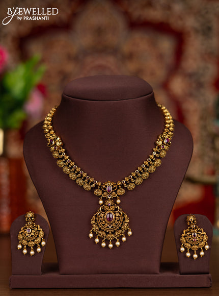 Antique necklace manga pattern with ruby stones and pearl hangings