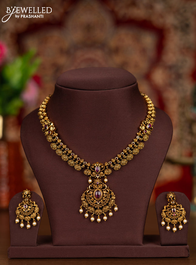 Antique necklace manga pattern with ruby stones and pearl hangings