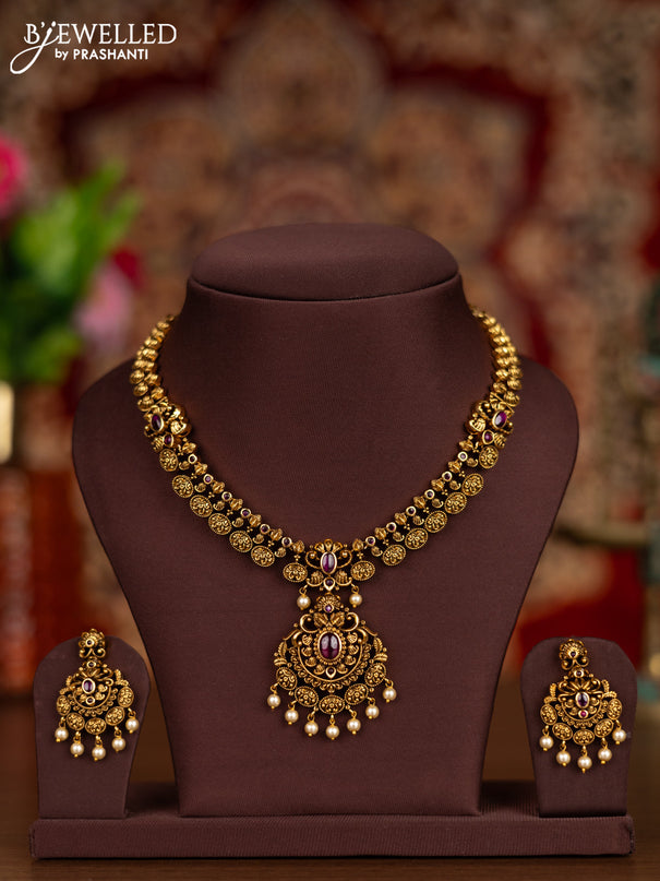 Antique necklace manga pattern with ruby stones and pearl hangings