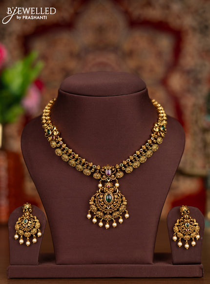 Antique necklace manga pattern with kemp stones and pearl hangings
