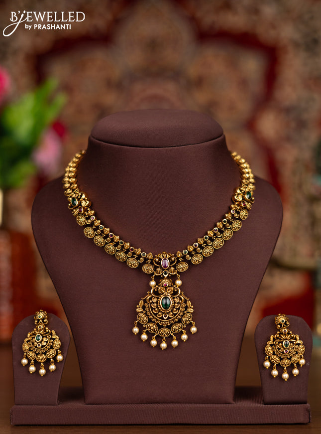Antique necklace manga pattern with kemp stones and pearl hangings