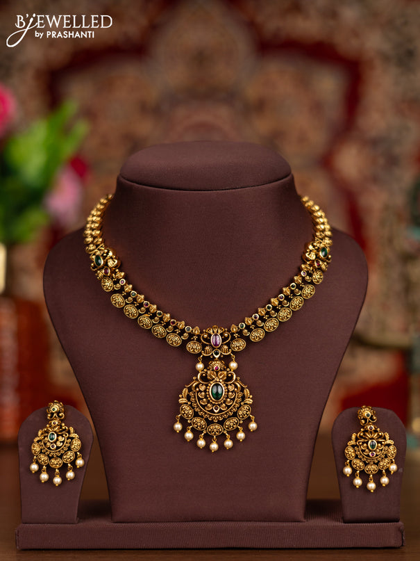 Antique necklace manga pattern with kemp stones and pearl hangings