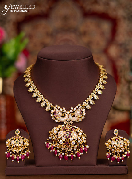Antique necklace peacock & manga design with kemp & cz stones and pink beads hangings