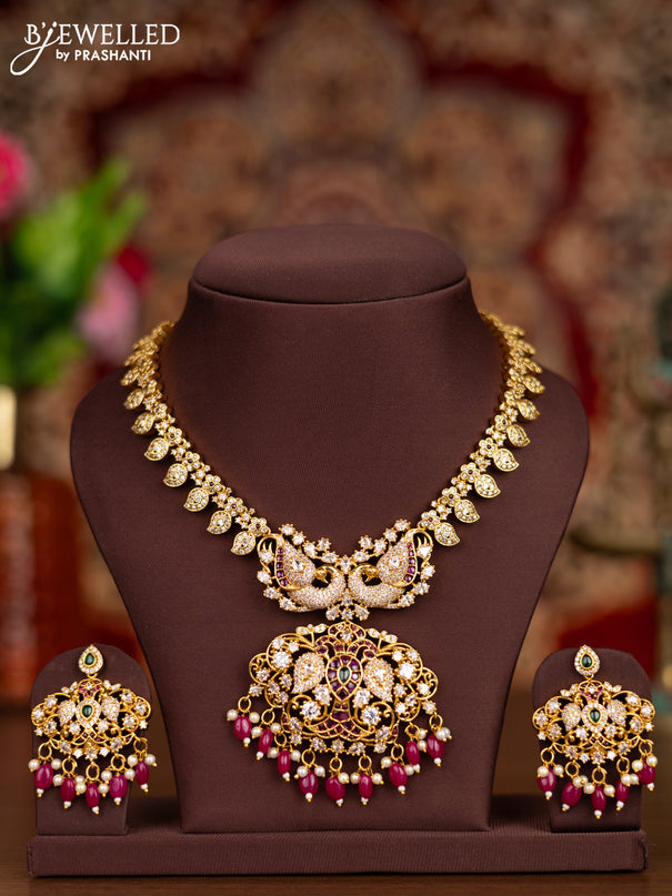 Antique necklace peacock & manga design with kemp & cz stones and pink beads hangings