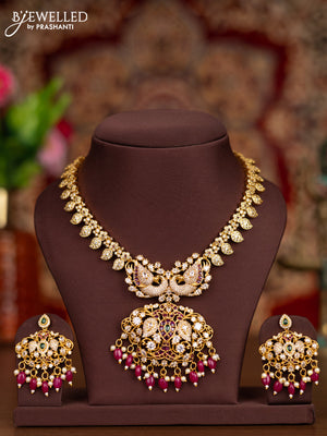 Antique necklace peacock & manga design with kemp & cz stones and pink beads hangings