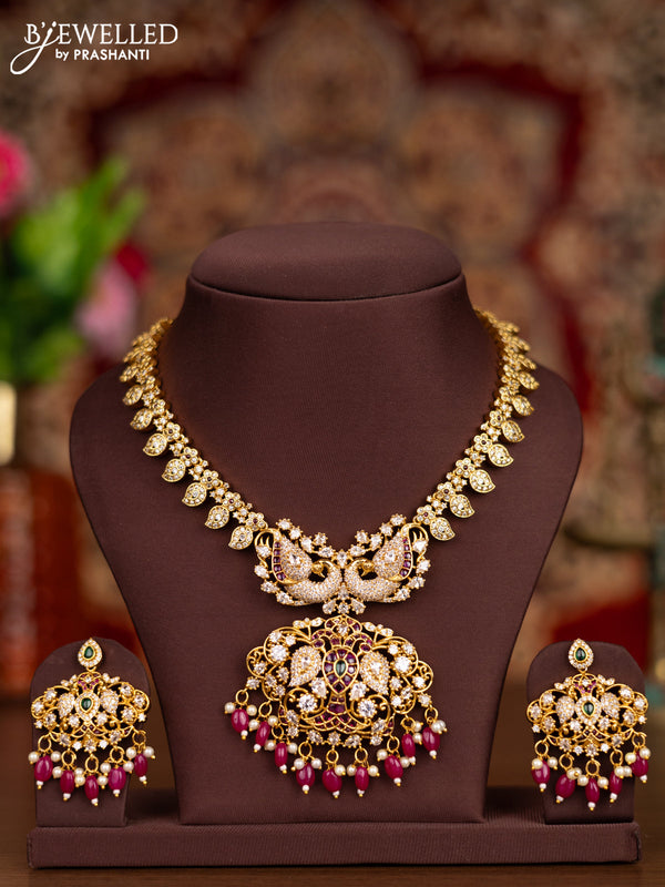Antique necklace peacock & manga design with kemp & cz stones and pink beads hangings