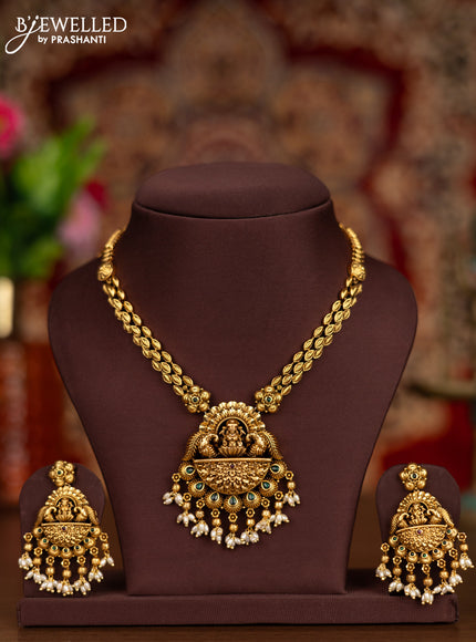 Antique necklace lakshmi pendant with kemp stones and pearl hangings