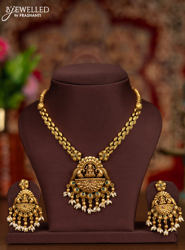Antique necklace lakshmi pendant with kemp stones and pearl hangings