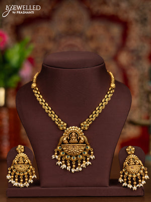 Antique necklace lakshmi pendant with kemp stones and pearl hangings