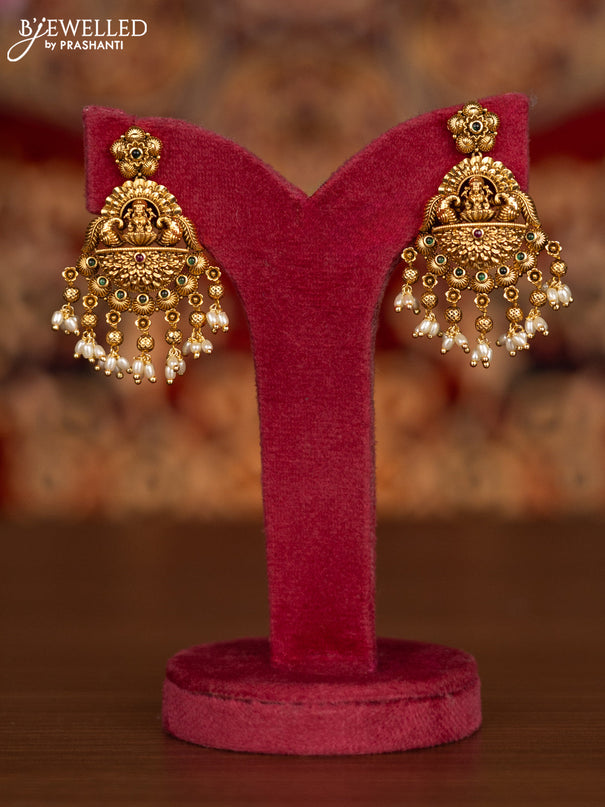 Antique necklace lakshmi pendant with kemp stones and pearl hangings