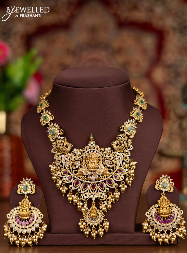 Antique necklace lakshmi pendant with kemp & cz stones and pearl & golden beads hangings