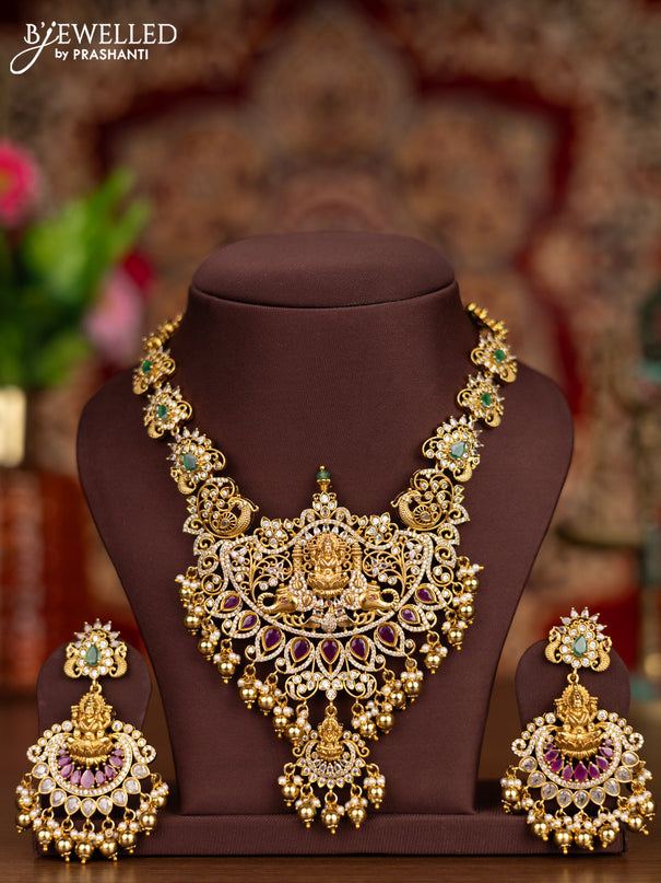 Antique necklace lakshmi pendant with kemp & cz stones and pearl & golden beads hangings
