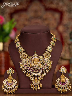 Antique necklace lakshmi pendant with kemp & cz stones and pearl & golden beads hangings