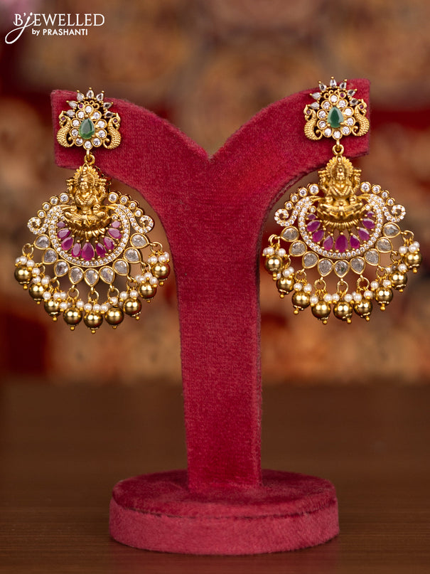 Antique necklace lakshmi pendant with kemp & cz stones and pearl & golden beads hangings