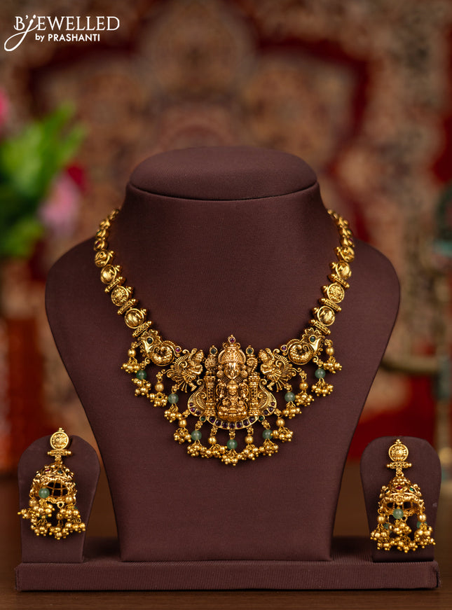 Antique necklace lakshmi & tirupati balaji pendant with kemp stones and golden beads hangings