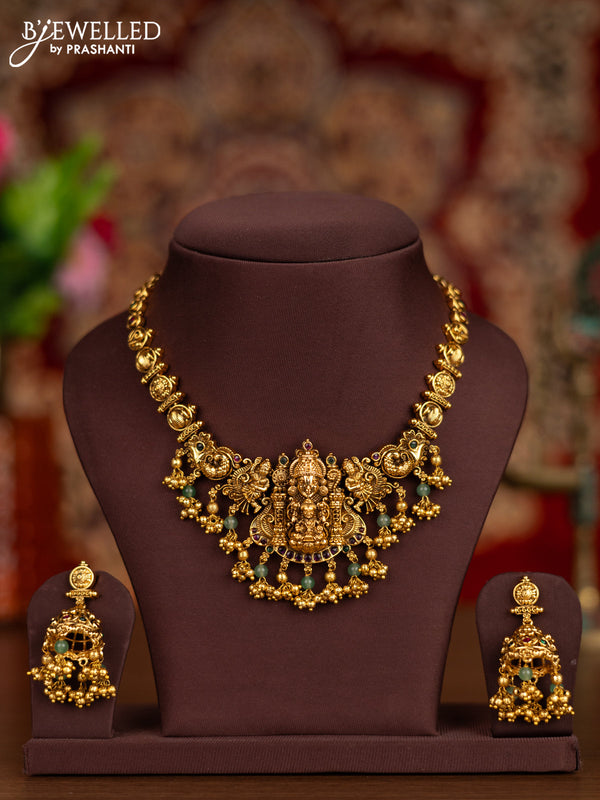 Antique necklace lakshmi & tirupati balaji pendant with kemp stones and golden beads hangings