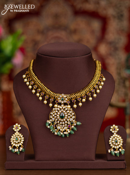 Antique necklace with kemp & cz stones and pearl & mint green beads hangings