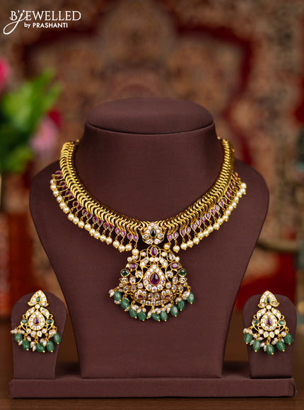 Antique necklace with kemp & cz stones and pearl & mint green beads hangings