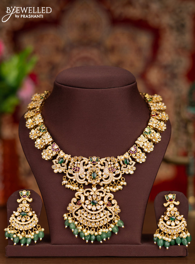 Antique necklace floral design with kemp & cz stones and pearl & mint green beads hangings