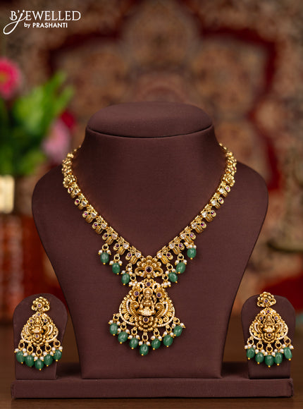Antique necklace lakshmi pendant with ruby & cz stones and pearl & mint green beads hangings