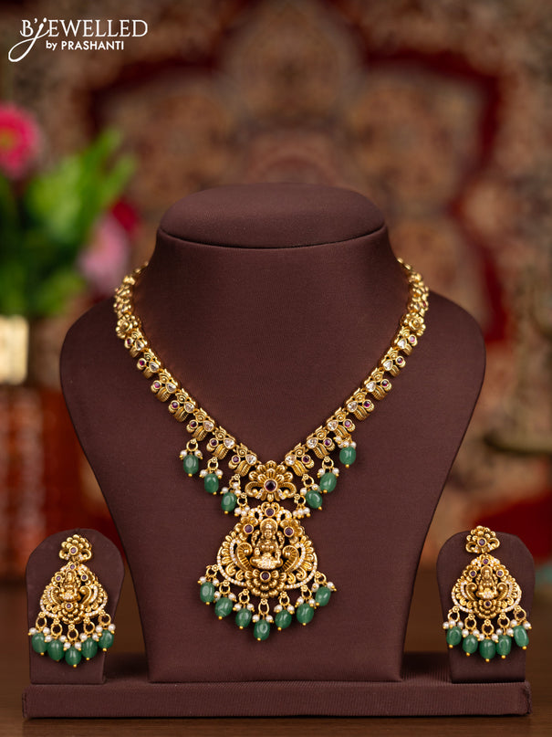 Antique necklace lakshmi pendant with ruby & cz stones and pearl & mint green beads hangings