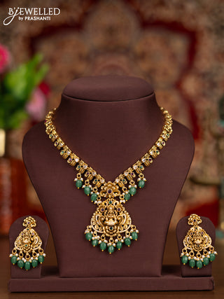 Antique necklace lakshmi pendant with kemp & cz stones and pearl & mint green beads hangings