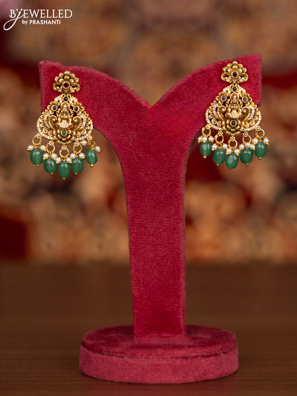 Antique necklace lakshmi pendant with kemp & cz stones and pearl & mint green beads hangings