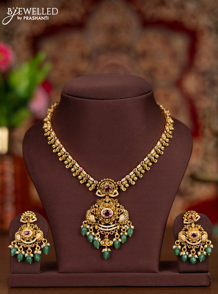 Antique necklace peacock design with ruby & cz stones and pearl & mint green beads hangings