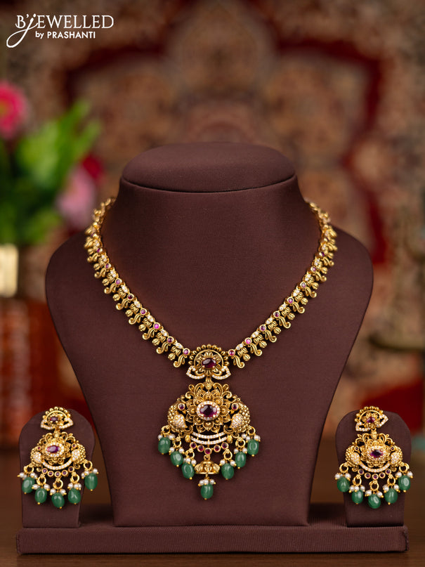 Antique necklace peacock design with ruby & cz stones and pearl & mint green beads hangings
