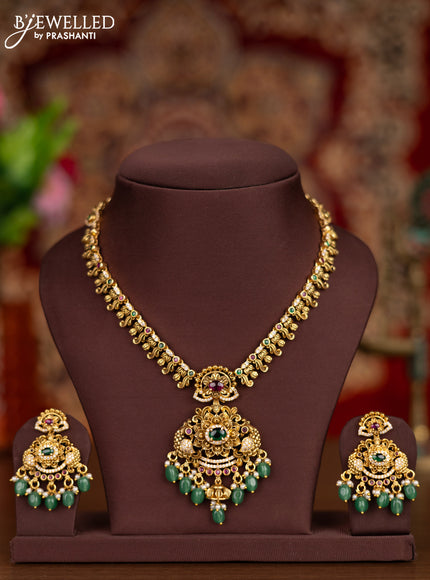 Antique necklace peacock design with kemp & cz stones and pearl & mint green beads hangings