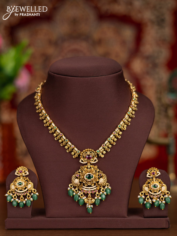 Antique necklace peacock design with kemp & cz stones and pearl & mint green beads hangings