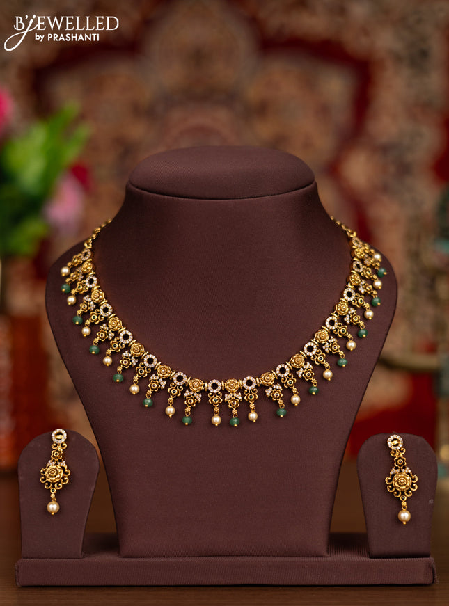 Antique necklace with kemp & cz stones and pearl & mint green beads hangings