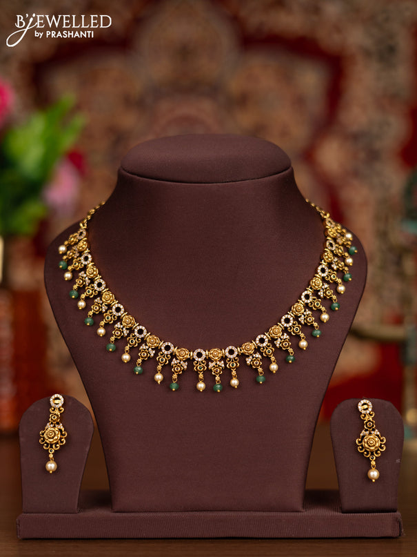 Antique necklace with kemp & cz stones and pearl & mint green beads hangings