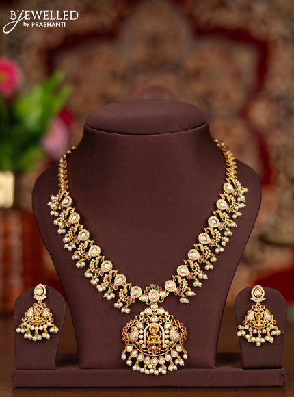 Antique necklace lakshmi design with kemp & kundan cz stones and pearl hangings
