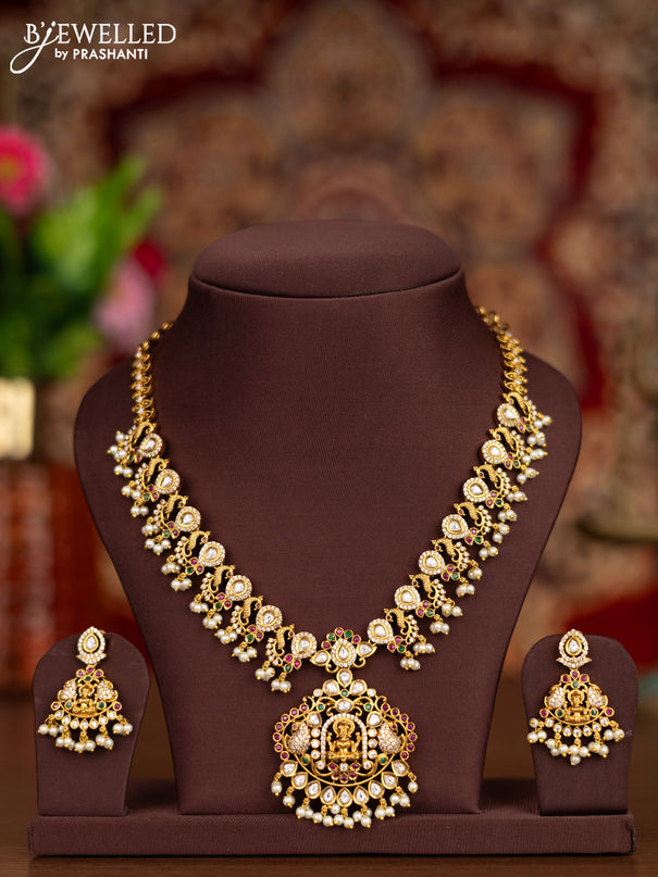 Antique necklace lakshmi design with kemp & kundan cz stones and pearl hangings