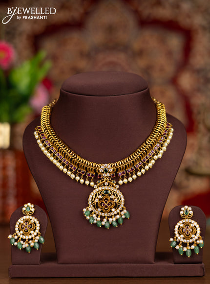 Antique necklace with kemp & cz stones and pearl & mint green beads hangings