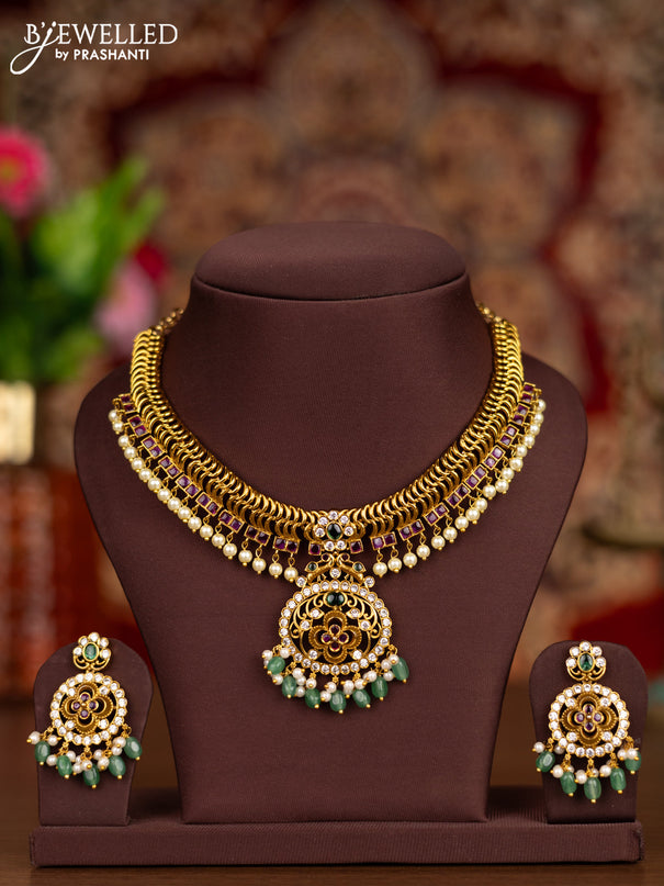 Antique necklace with kemp & cz stones and pearl & mint green beads hangings
