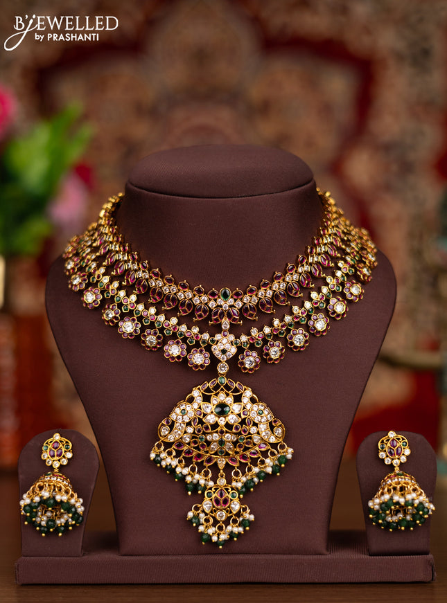 Antique double layer necklace manga pattern with kemp & cz stones and pearl & green beads hangings