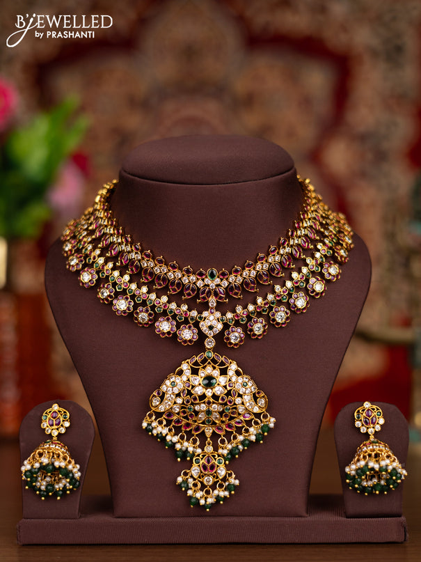 Antique double layer necklace manga pattern with kemp & cz stones and pearl & green beads hangings