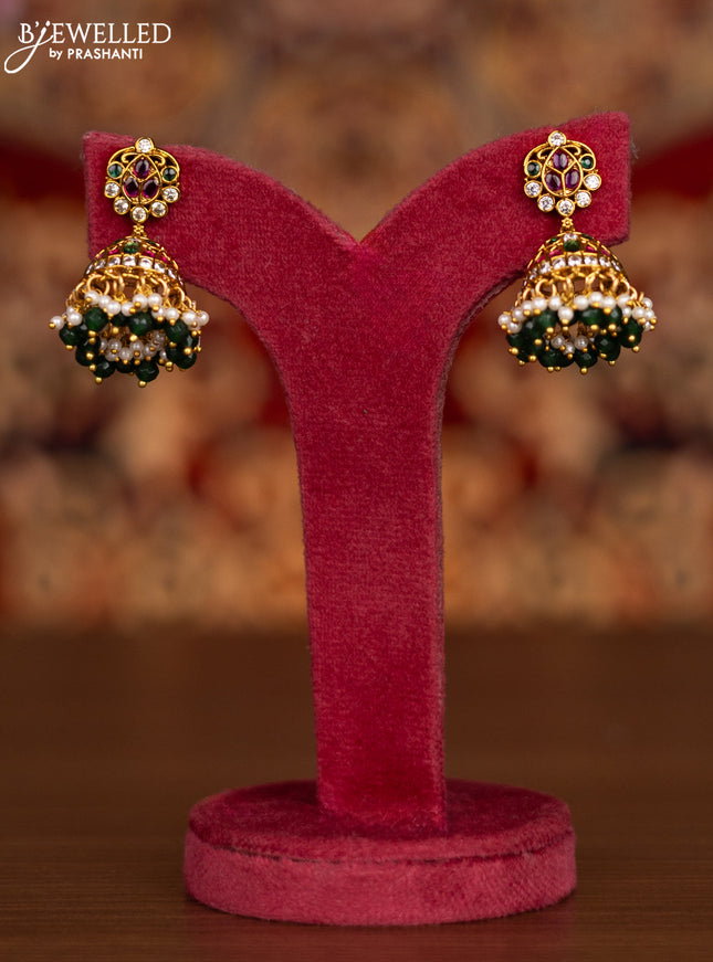 Antique double layer necklace manga pattern with kemp & cz stones and pearl & green beads hangings