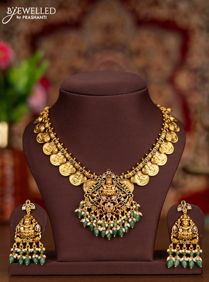 Antique necklace lakshmi kasu design with kemp & cz stones and pearl & mint green beads hangings
