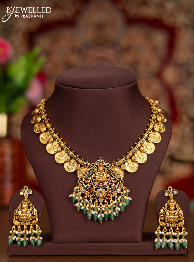 Antique necklace lakshmi kasu design with kemp & cz stones and pearl & mint green beads hangings
