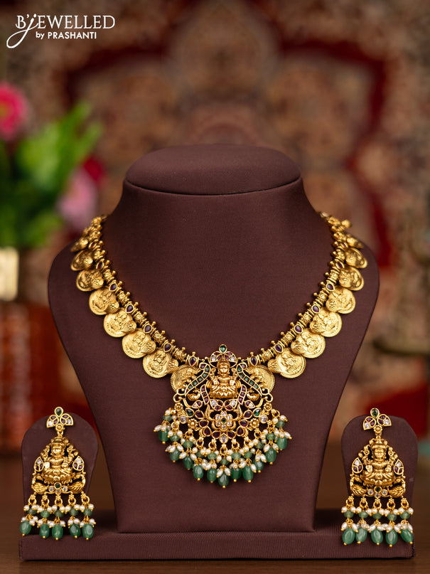 Antique necklace lakshmi kasu design with kemp & cz stones and pearl & mint green beads hangings