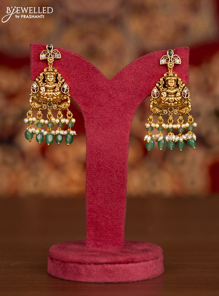 Antique necklace lakshmi kasu design with kemp & cz stones and pearl & mint green beads hangings