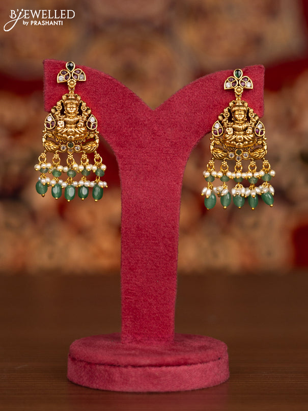 Antique necklace lakshmi kasu design with kemp & cz stones and pearl & mint green beads hangings